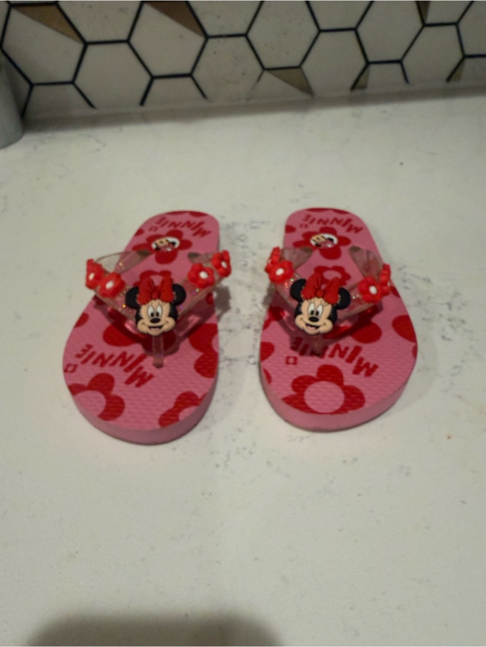 Girls Pink Minnie Mouse Floral Jelly Strap Flip Flops